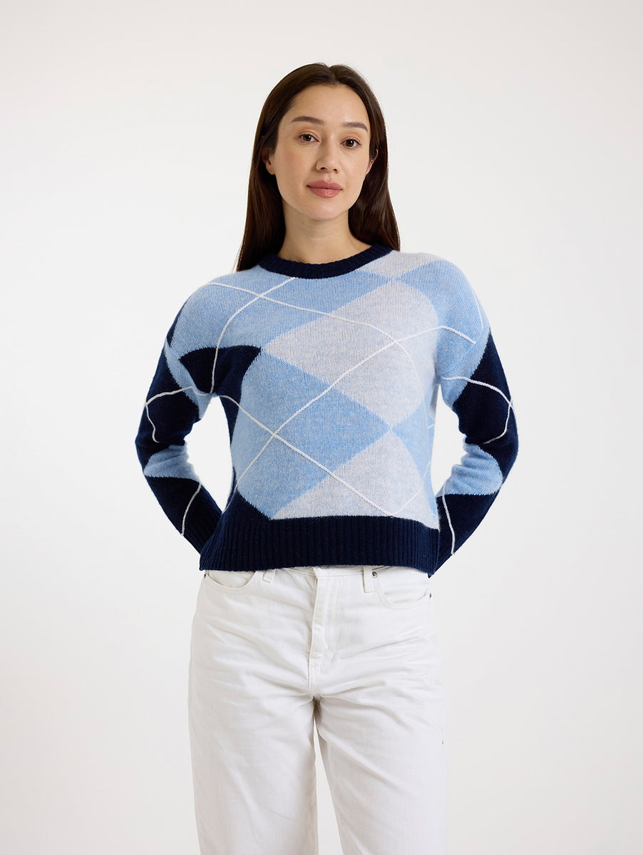 Brodie Fine Cashmere Varsity Crew Sweater - Camel/Navy Red