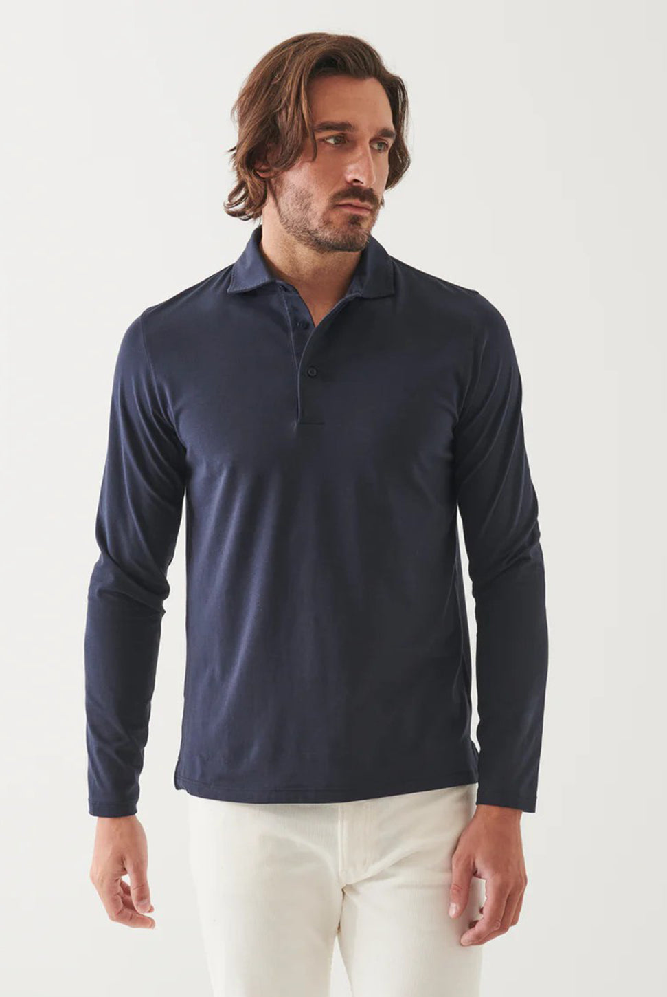 Pima Cotton Stretch Long Sleeve Polo - Midnight-Patrick Assaraf-Over the Rainbow