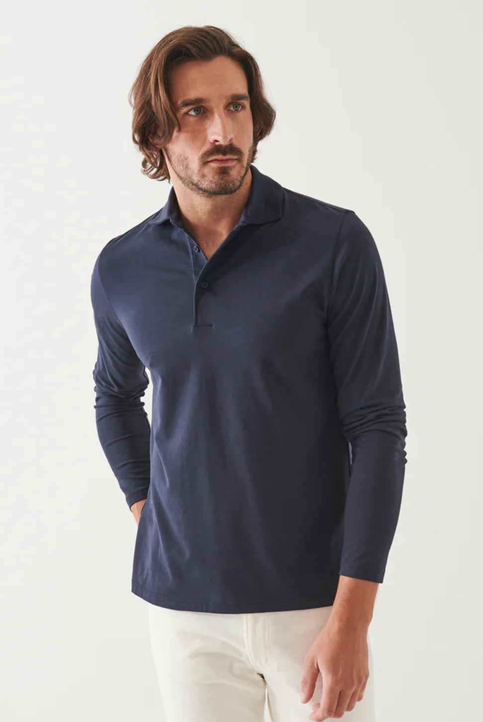 Pima Cotton Stretch Long Sleeve Polo - Midnight-Patrick Assaraf-Over the Rainbow