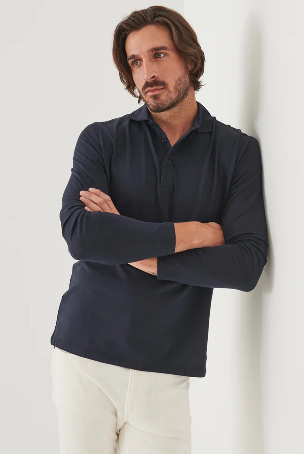 Pima Cotton Stretch Long Sleeve Polo - Midnight-Patrick Assaraf-Over the Rainbow