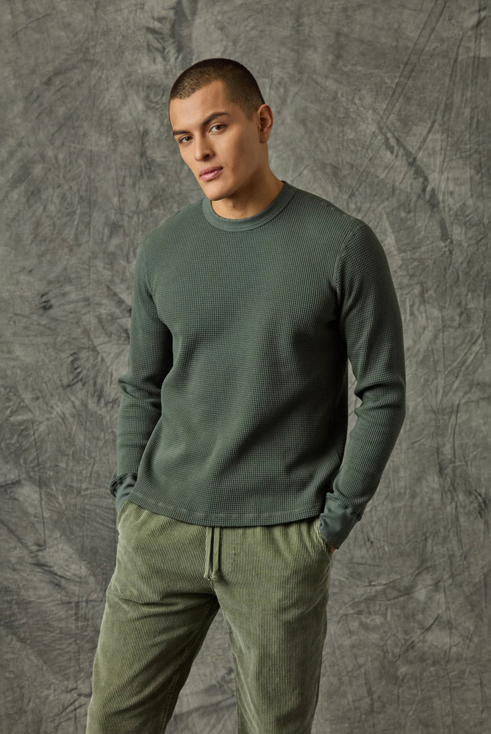 Long Sleeve Waffle Crew Tee - Basil-SAVE KHAKI-Over the Rainbow