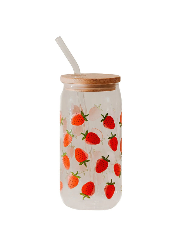 Strawberry Can Glass With Glass Straw + Lid