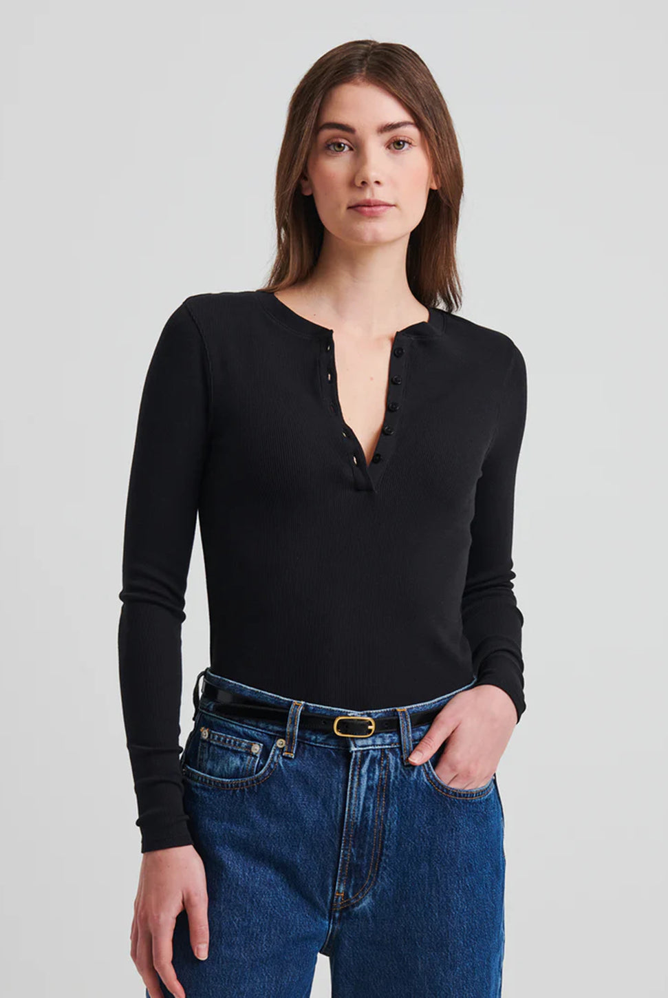 Pima Cotton Ribbed Henley - Black-Patrick Assaraf-Over the Rainbow