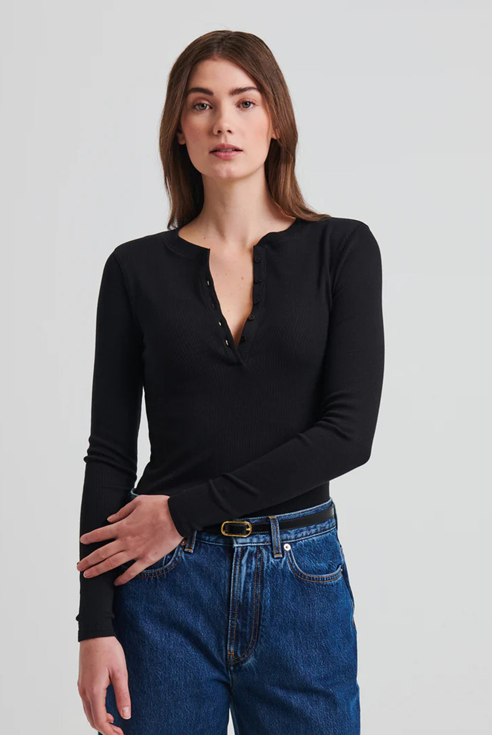 Pima Cotton Ribbed Henley - Black-Patrick Assaraf-Over the Rainbow