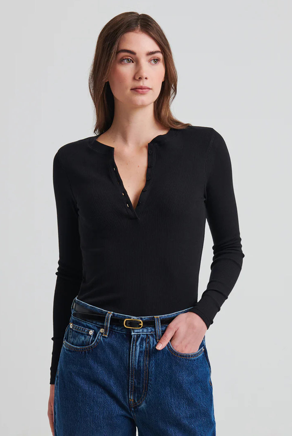 Pima Cotton Ribbed Henley - Black-Patrick Assaraf-Over the Rainbow