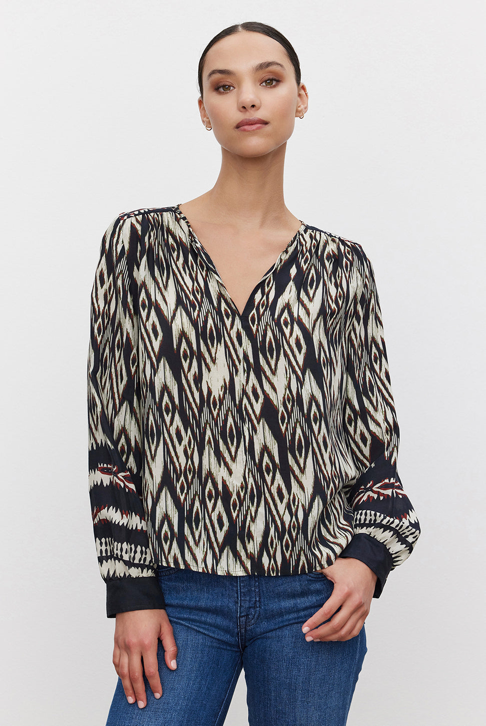 Abrielle Ikat Long Sleeve Top - Black Ecru-Velvet-Over the Rainbow