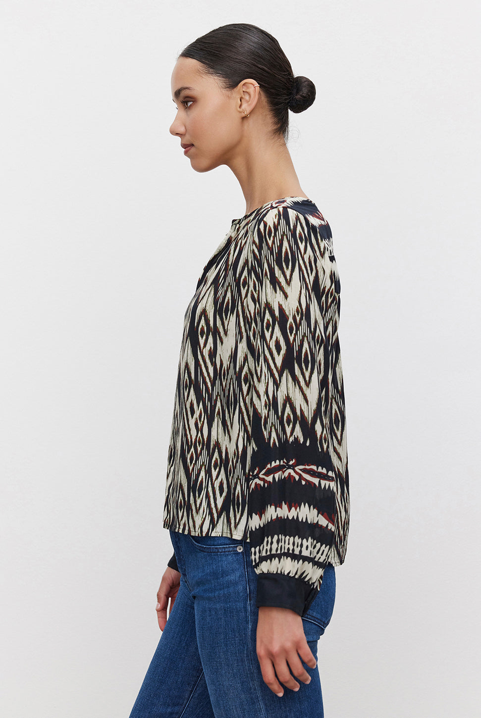 Abrielle Ikat Long Sleeve Top - Black Ecru-Velvet-Over the Rainbow