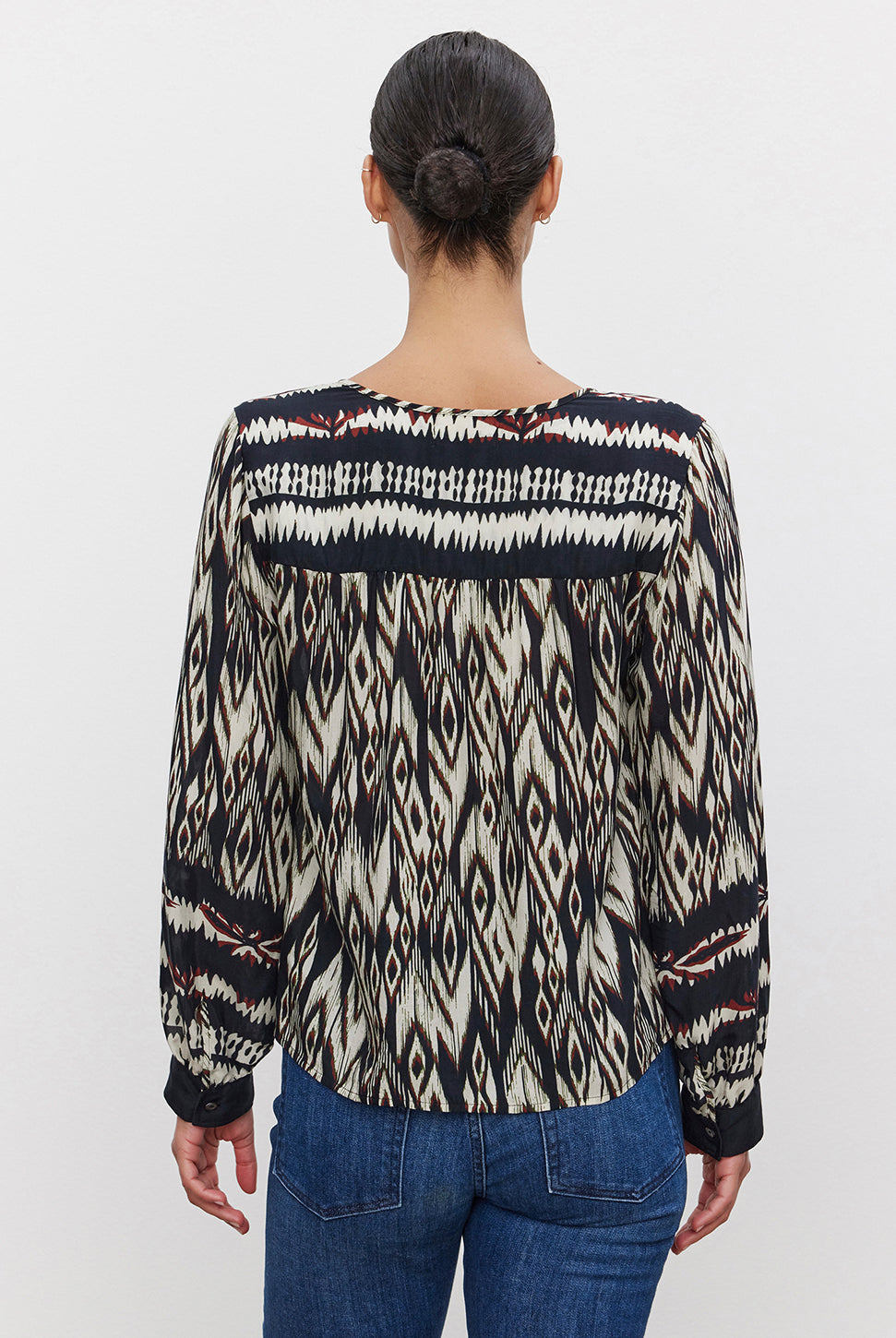 Abrielle Ikat Long Sleeve Top - Black Ecru-Velvet-Over the Rainbow