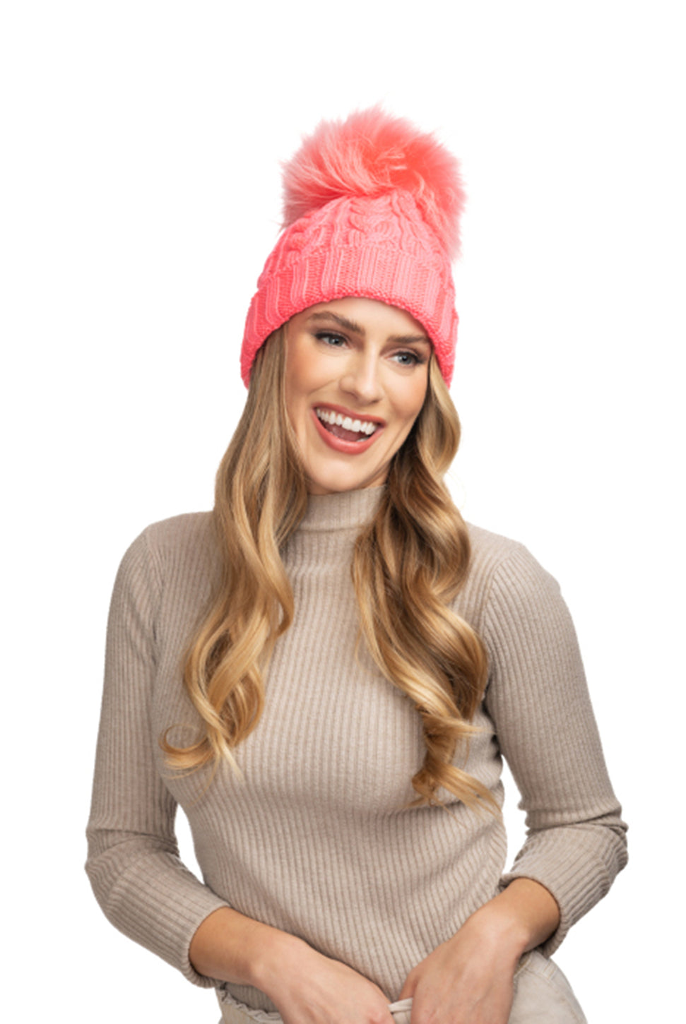 Charlie Cable Knit Hat - Neon Coral-Lindo F-Over the Rainbow