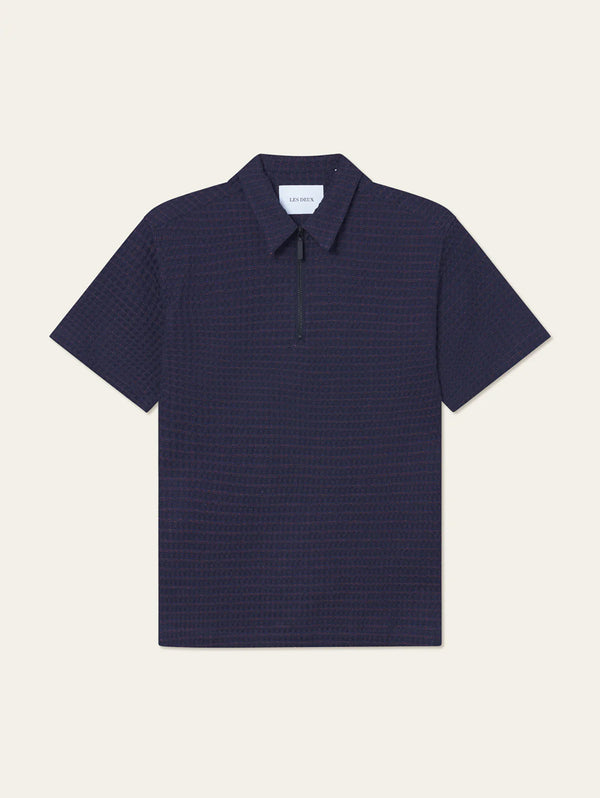 Lenny Seersucker Zipper Short Sleeve Shirt - Dark Navy