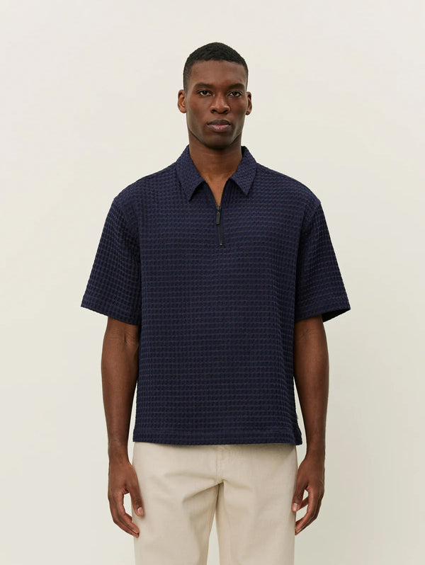 Lenny Seersucker Zipper Short Sleeve Shirt - Dark Navy