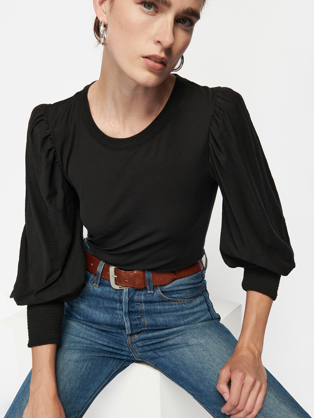 トップス louren puff sleeve over blouse (black) Puff Sleeve Popover Top - Black Solid Colors | NYDJ