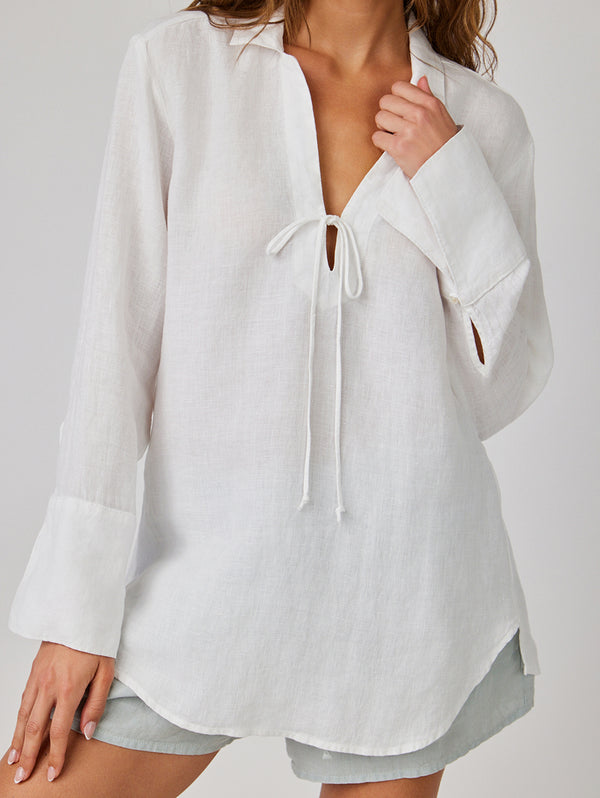 Tie Neck Linen Tunic Top - White-Bella Dahl-Over the Rainbow