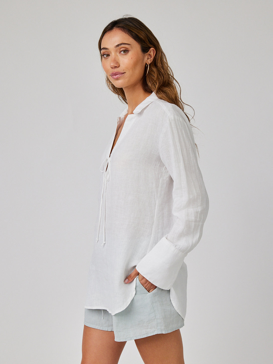 Tie Neck Linen Tunic Top - White-Bella Dahl-Over the Rainbow