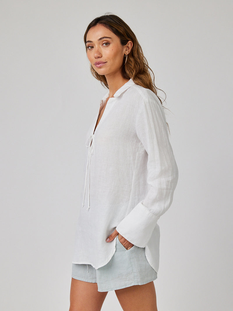 Tie Neck Linen Tunic Top - White-Bella Dahl-Over the Rainbow