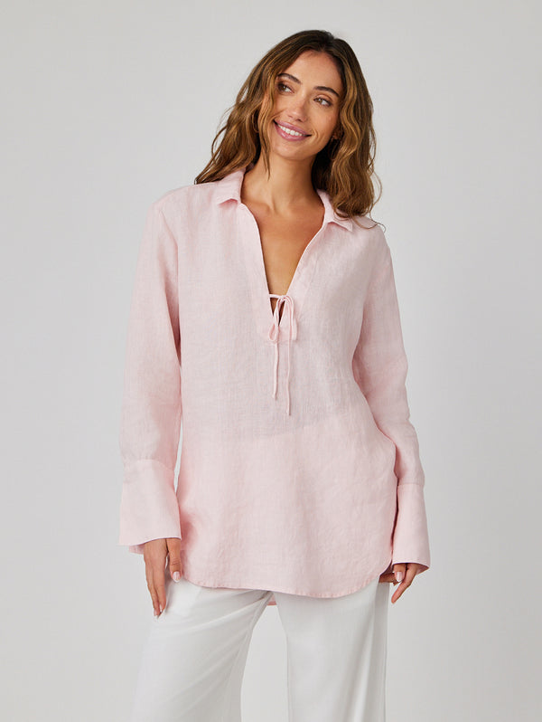 Tie Neck Linen Tunic Top - Pastel Pink-Bella Dahl-Over the Rainbow