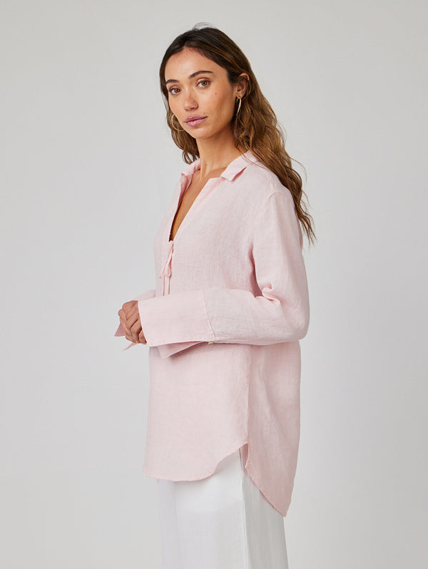 Tie Neck Linen Tunic Top - Pastel Pink-Bella Dahl-Over the Rainbow