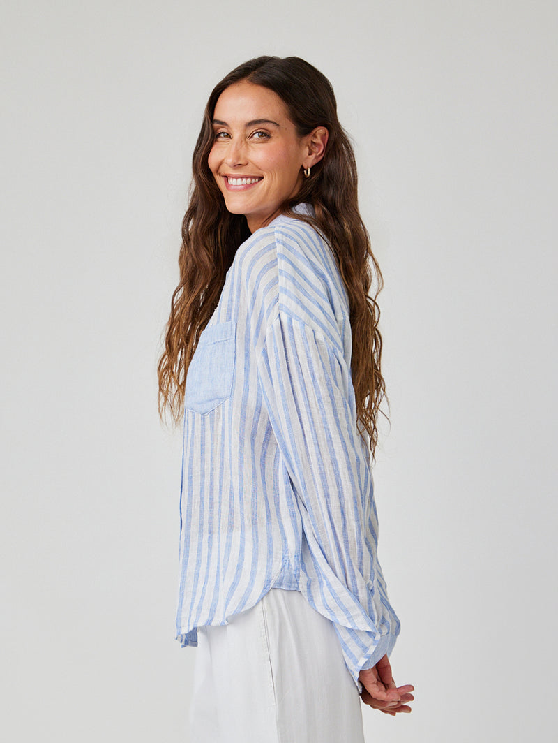 Contrast Pocket Boyfriend Shirt - Blue Sky Stripe-Bella Dahl-Over the Rainbow