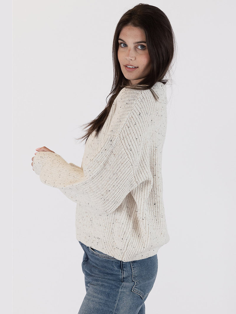 Chase Fleck Ribbed 3/4 Zip Sweater- Off White-LYLA+LUXE-Over the Rainbow