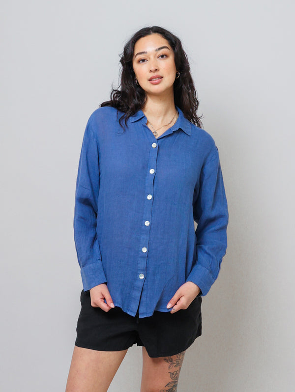 Boyfriend Button Down Linen Shirt - Antique Indigo