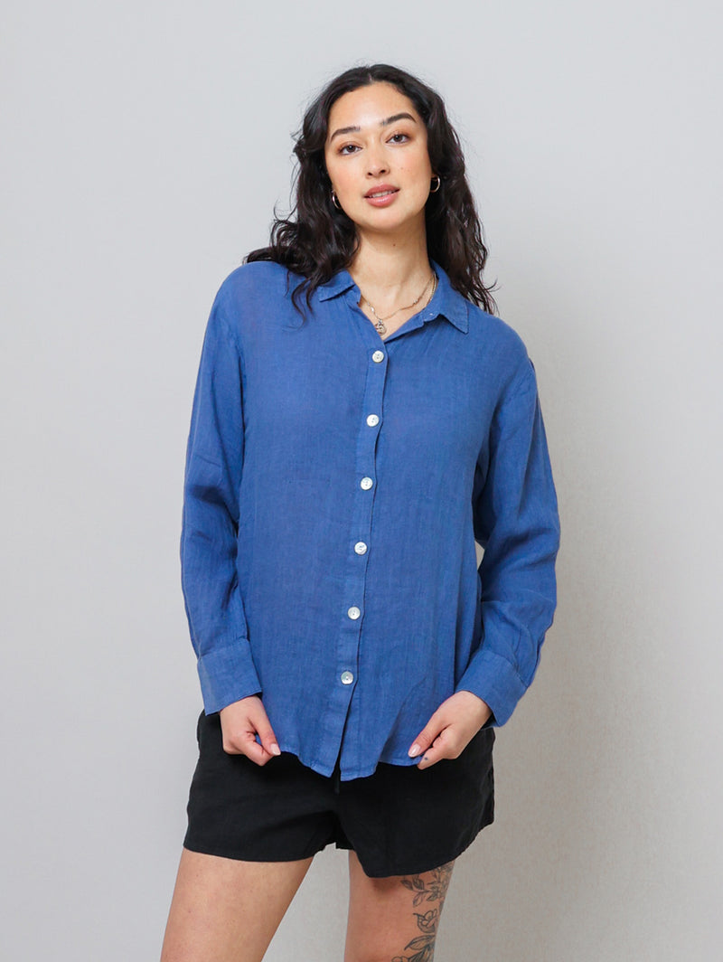 Boyfriend Button Down Linen Shirt - Antique Indigo