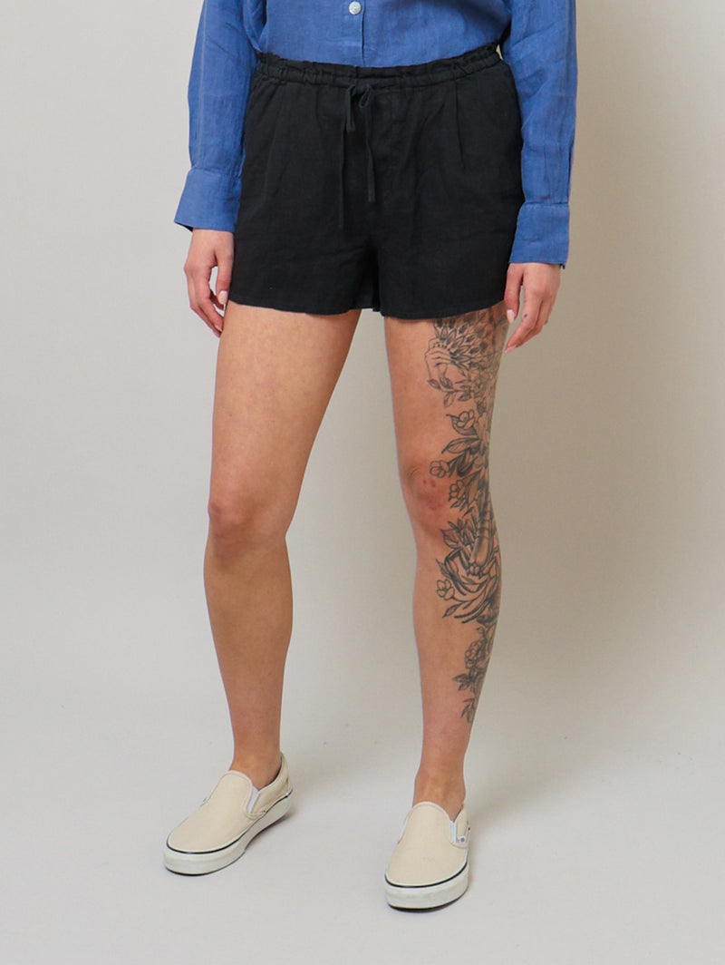 Ruffle Waist Linen Short - Black