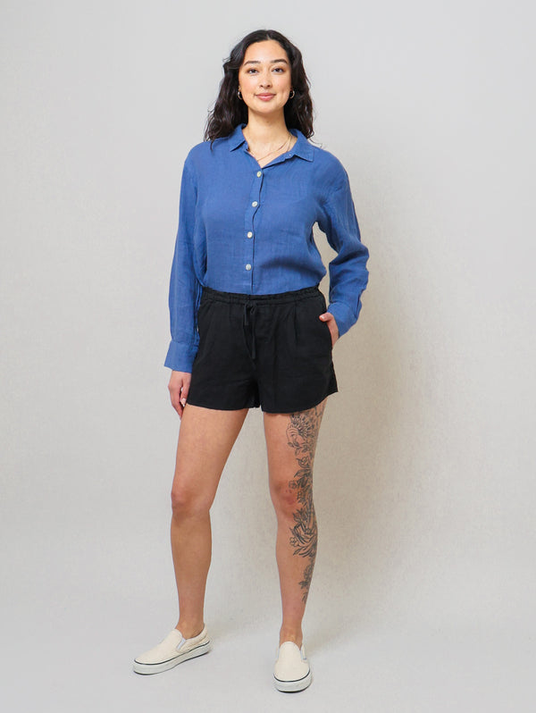 Ruffle Waist Linen Short - Black