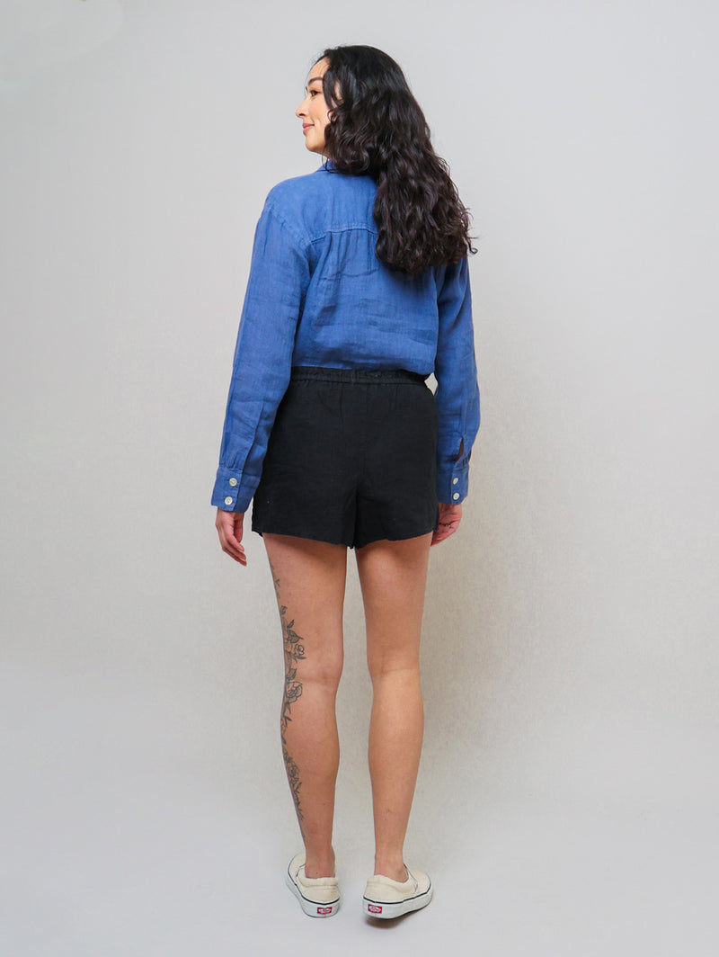 Ruffle Waist Linen Short - Black