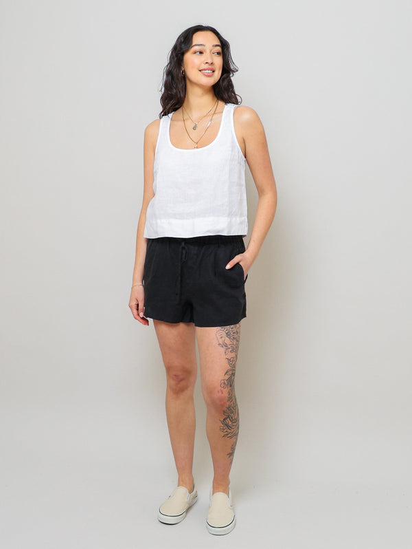 Scoop Neck Linen Tank Top - White