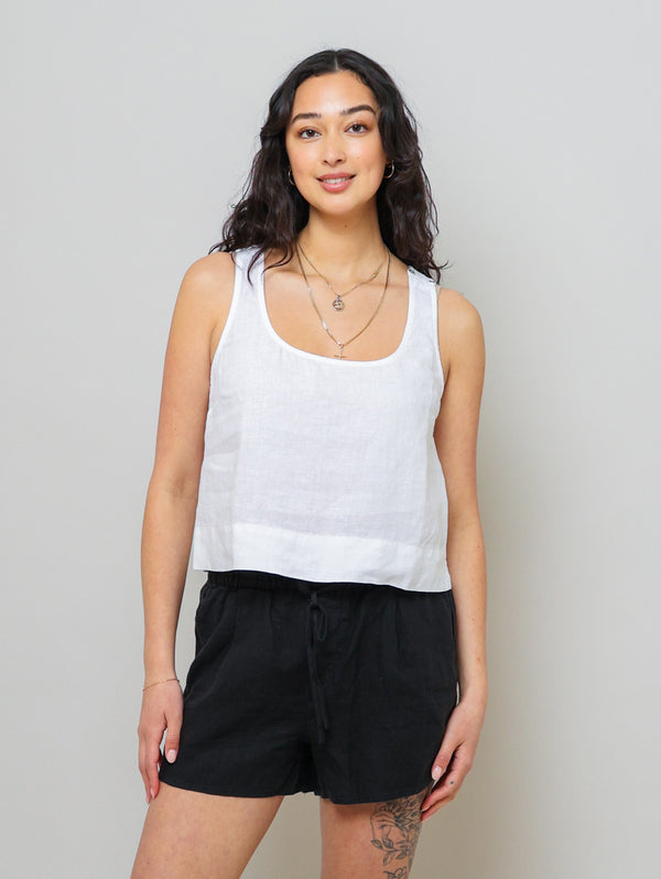 Scoop Neck Linen Tank Top - White