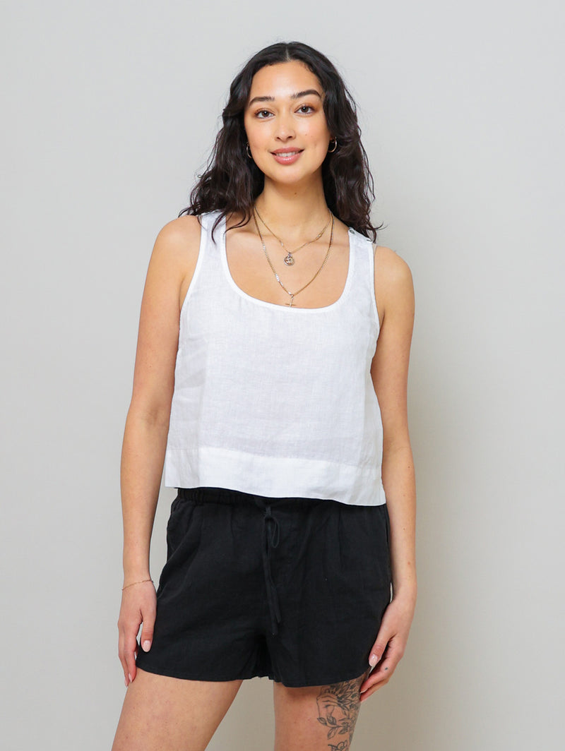 Scoop Neck Linen Tank Top - White