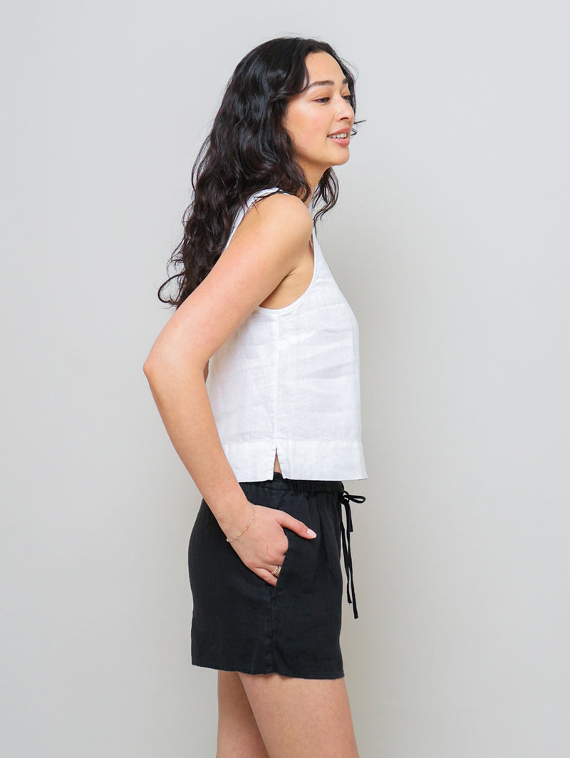 Scoop Neck Linen Tank Top - White