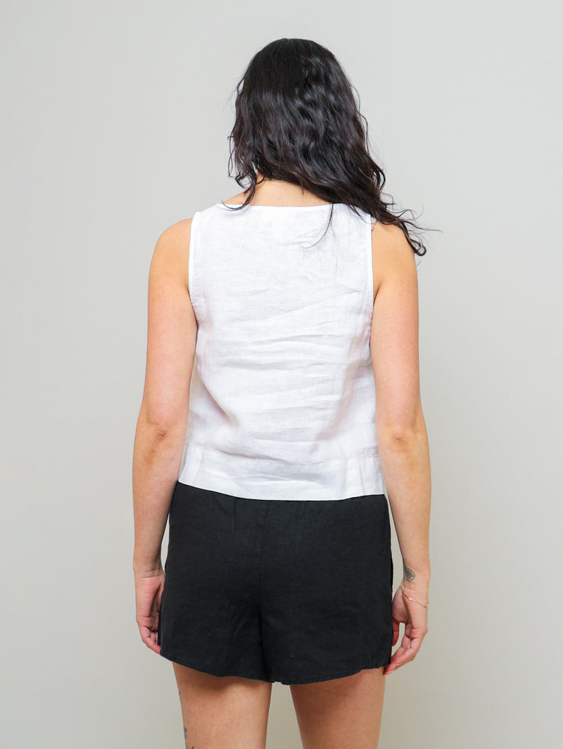 Scoop Neck Linen Tank Top - White