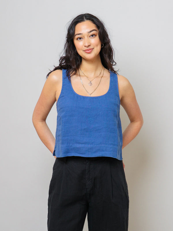 Scoop Neck Linen Tank Top - Antique Indigo