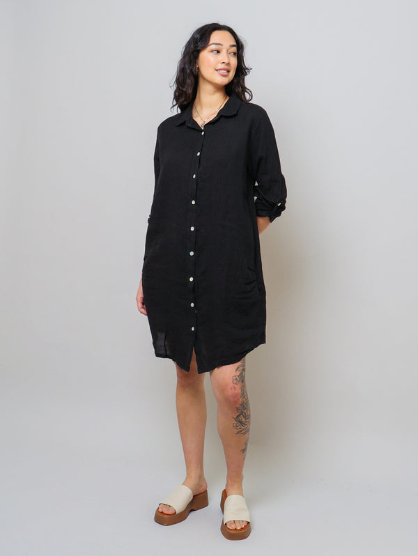 Linen Shirt Dress - Black