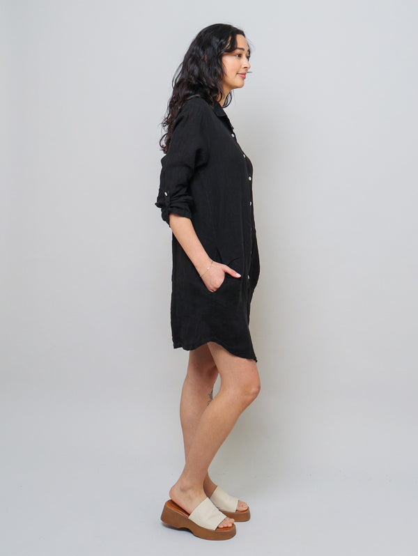 Linen Shirt Dress - Black