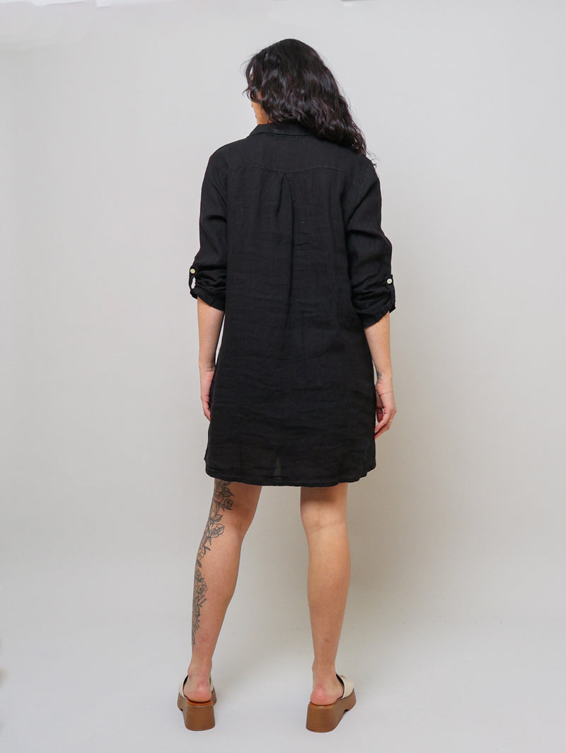 Linen Shirt Dress - Black