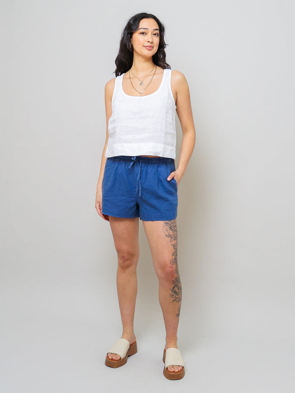 Ruffle Waist Linen Short - Antique Indigo