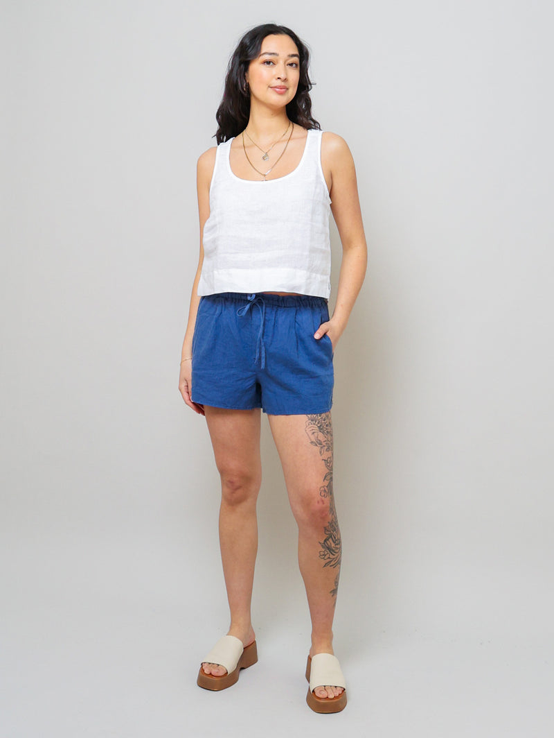 Ruffle Waist Linen Short - Antique Indigo