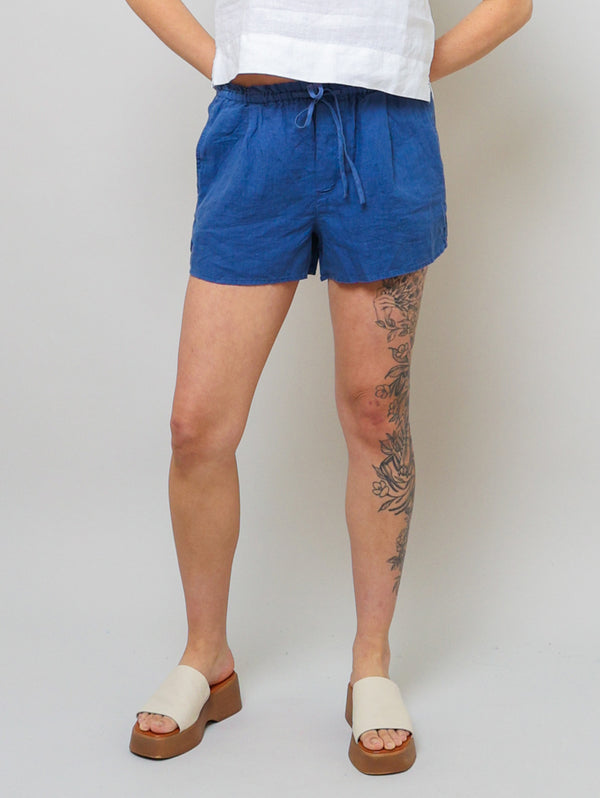 Ruffle Waist Linen Short - Antique Indigo