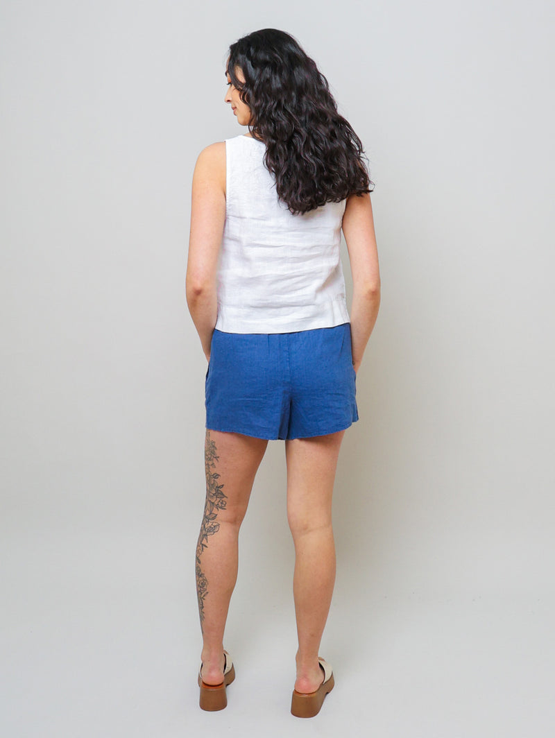 Ruffle Waist Linen Short - Antique Indigo