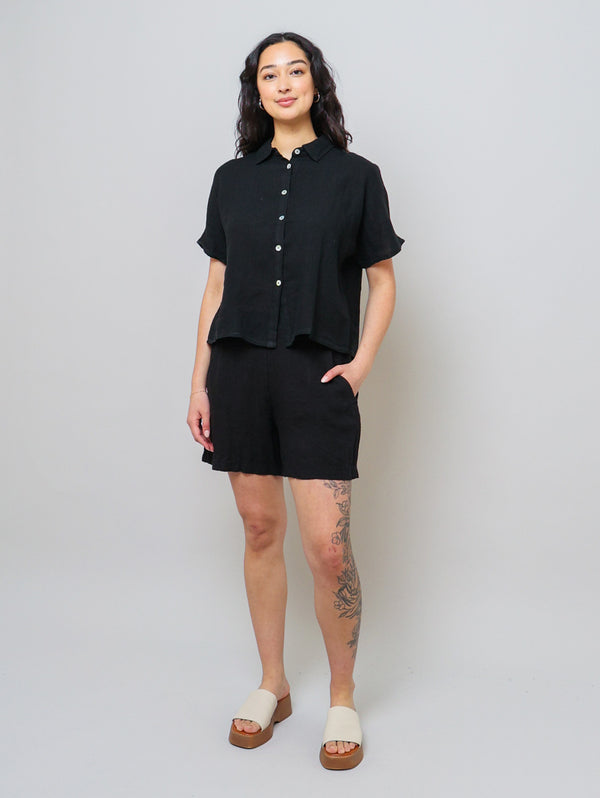Short Sleeve Linen Blouse - Black