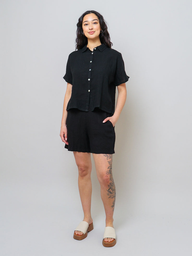 Short Sleeve Linen Blouse - Black