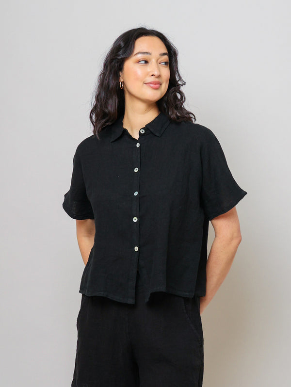 Short Sleeve Linen Blouse - Black