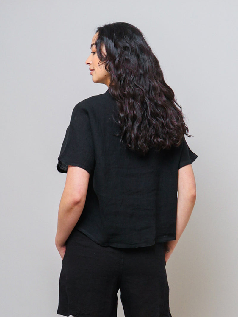 Short Sleeve Linen Blouse - Black
