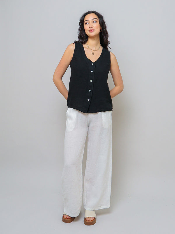 Sleeveless Button Down Linen Top - Black