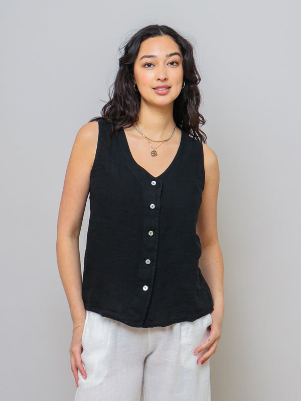 Sleeveless Button Down Linen Top - Black