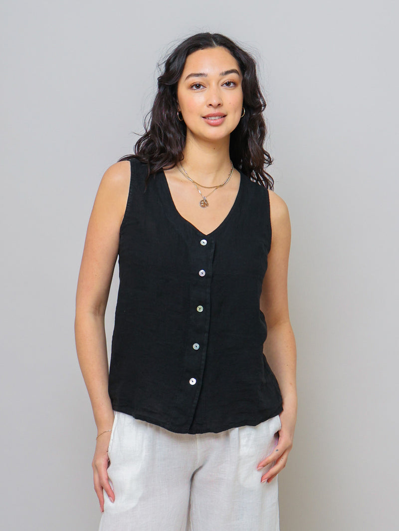Sleeveless Button Down Linen Top - Black