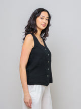 Sleeveless Button Down Linen Top - Black