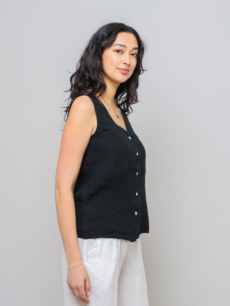 Sleeveless Button Down Linen Top - Black